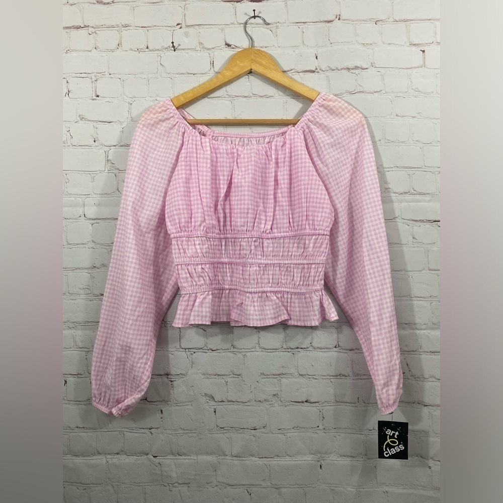 Art Class Crop Top Pink & White Gingham Size XL 14 Long Balloon Sleeve NWT